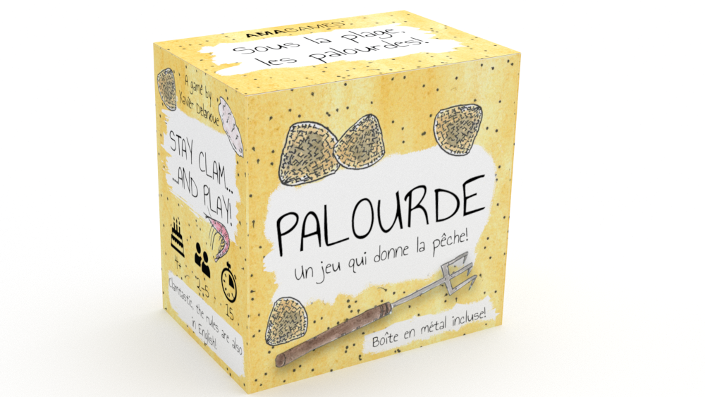 Coffret en carton contenant la boîte métallique du jeu Palourde par Amagames, jeu de cartes familial sur le thème de la mer.
